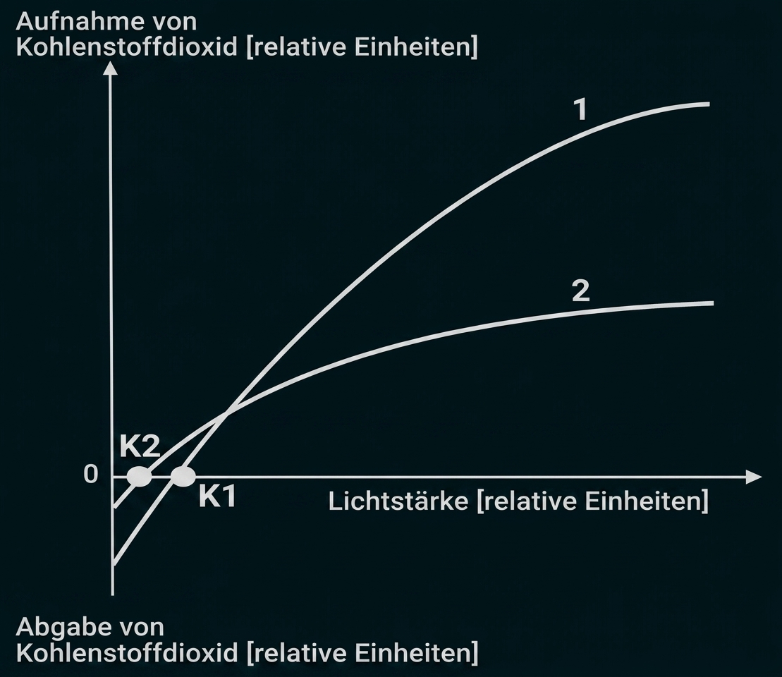 Diagramm zur CO2-Aufnahme in Abhängigkeit von der Lichtstärke mit zwei Kurven und markierten Punkten K1 und K2.